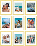 Vittanly 11x14 Picture Frames Set of 9, Shatter Resistant Plexiglass, Display 8x10 Pictures with Mat or 11x14 without Mat, Photo Frames for Wall or Tabletop, Engineered Wood, Gold