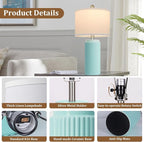 23.5’’ Light Green Coastal Table Lamps for Bedroom Set of 2, Modern Ceramic Nightstand Lamps for Living Room, Elegant Bedside Lamps with White Line Shade Set for Reading, Farmhouse Side Table Lamps