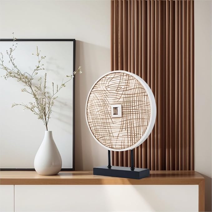 Unique Round Coin Sculpture Decorative Objects for Shelf Home Decor Accents, Modern Abstract Tabletop Decor Items for Living Room Fireplace Mantel, Above Cabinet (Vintage White)