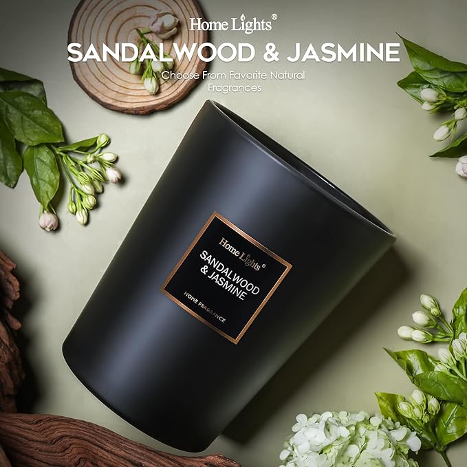 HomeLights Scented Candles | Large Jar 33.3 Oz Natural Soy Candle | 130 hrs with 3 Cotton Wicks, Sandalwood Jasmine Home Fragrance Candles Gift