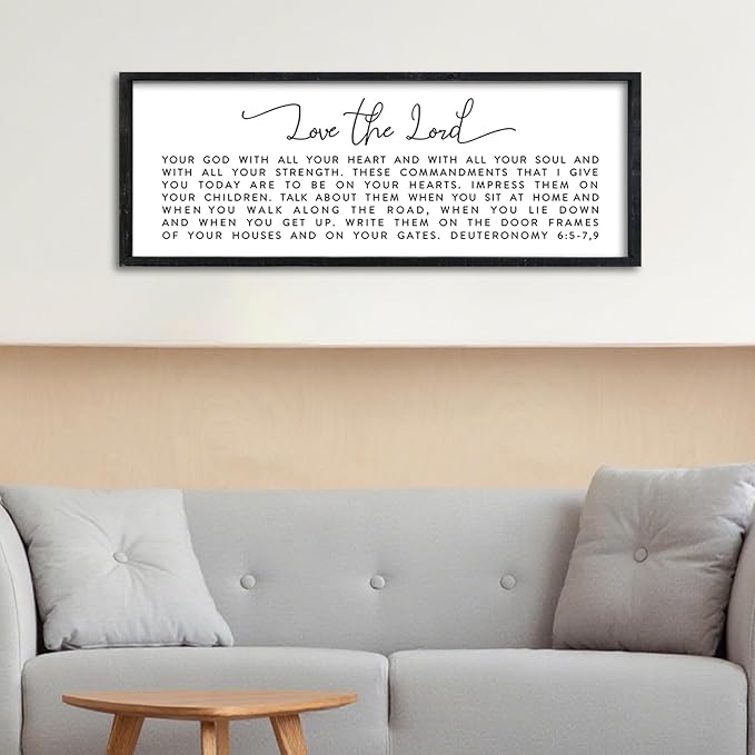 Surfapans Bible Verse Wall Decor Love The Lord Your God sign 32"×12" Christian Scripture Faith Deuteronomy 6:5-7,9 Religious Baptism Large Family Plaque Horizontal Wood Framed Hanging Art (Black)