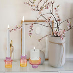 Double Sided Vintage Ribbed Taper Glass Candle Holders,Tea Candle Holder for Table Centerpieces, Wedding Decorations and Dinner Parties (Purple-Pink-Yellow, 6 PCS)