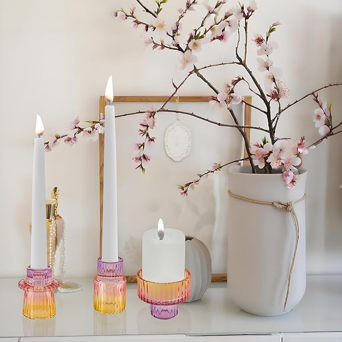 Double Sided Vintage Ribbed Taper Glass Candle Holders,Tea Candle Holder for Table Centerpieces, Wedding Decorations and Dinner Parties (Purple-Pink-Yellow, 3 PCS)