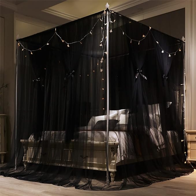 VETHIN 4 Corners Post Princess Bed Canopy Curtain Double Layer Cozy Drape Netting 4 Opening Mosquito Net for Girls & Adults Bedroom Decoration Accessories (Double Black, 53" W*78" L*82"*H/(Full))