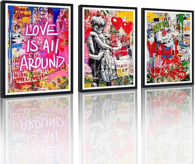 Novatique Graffiti Canvas Wall Art Colorful Banksy Wall Art Street Graffiti Print Wall Decor Framed for Living Room Bedroom,12" x 16" x 3Pcs