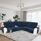 Reclining Sectional Couch Covers 100% Waterproof Velvet L Shape Recliner Couch Covers for Sofa Pets Washable Anti Slip Recliner Slipcovers with Pockets (5 Seat Sofa with 1 Console, Navy Blue)