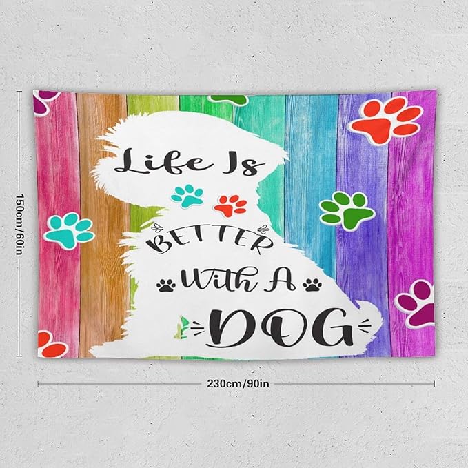 VUMIVI Cute Dog Tapestry Rainbow Color Planks Rustic Farmhouse Home Decor Pet Paws Tapestry Wall Hanging for Living Room Bedroom Dorm Classroom Aesthetic Decor W90xL60in