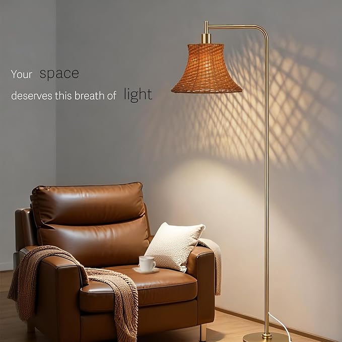 67" Modern Vintage Floor Lamp with Rattan Lampshade - Ideal for Living Room, Bedroom & Office - Heavy Base, Pedal Switch, Stable & Convenient Lighting Solution(Include E26 Bulb)