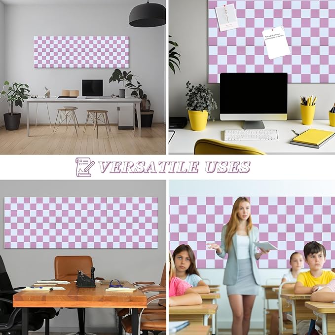 Geyoga 12 Pcs Cork Board for Wall 12 x 12 Inch Retro Colorful Checkered Bulletin Board Acoustic Wall Panels Boho Felt Tiles Cute Self Adhesive Hanging Decor for Office Home Classroom(Pink Plaid)