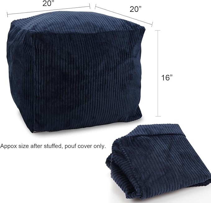 Sexysamba Square Corduroy Pouf Cover Only, 20"x 16" Unstuffed Decorative Ottoman Foot Stool Rest, Washable Storage Bean Bag Chair Floor Pouf Covers for Living Room Bedroom, Navy Blue