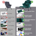 Lazy Chair with Ottoman, Modern Accent Chair with Lumbar Pillow, Velvet Dark Green Sofa, Lounge Chairs with Folding Footrest, Oversized Supportive Chairs for Bedroom, Reading