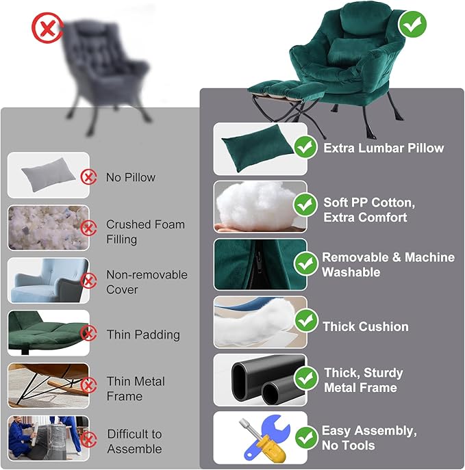 Lazy Chair with Ottoman, Modern Accent Chair with Lumbar Pillow, Velvet Dark Green Sofa, Lounge Chairs with Folding Footrest, Oversized Supportive Chairs for Bedroom, Reading
