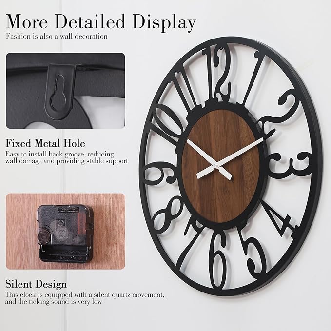 32 Inch Oversized Industrial Farmhouse Wall Clock, Wood & Matte Black Iron Frame, Artful Numerals Non Ticking Battery Operated, Decorative Statement Piece for Large Living Room Foyer Home Décor