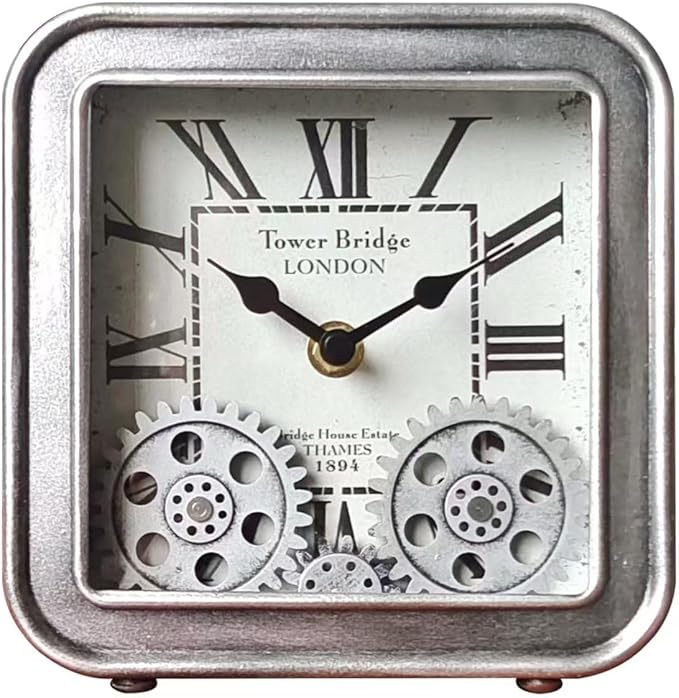 Vintage Steampunk Desk Clock, 6 Inch Metal Industrial Table Clock with Moving Gears, Silent Non-Ticking Quartz, Battery Operated Shelf Decor for Home Office Living Room (Silver)