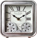 Vintage Steampunk Desk Clock, 6 Inch Metal Industrial Table Clock with Moving Gears, Silent Non-Ticking Quartz, Battery Operated Shelf Decor for Home Office Living Room (Silver)