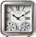 Vintage Steampunk Desk Clock, 6 Inch Metal Industrial Table Clock with Moving Gears, Silent Non-Ticking Quartz, Battery Operated Shelf Decor for Home Office Living Room (Silver)