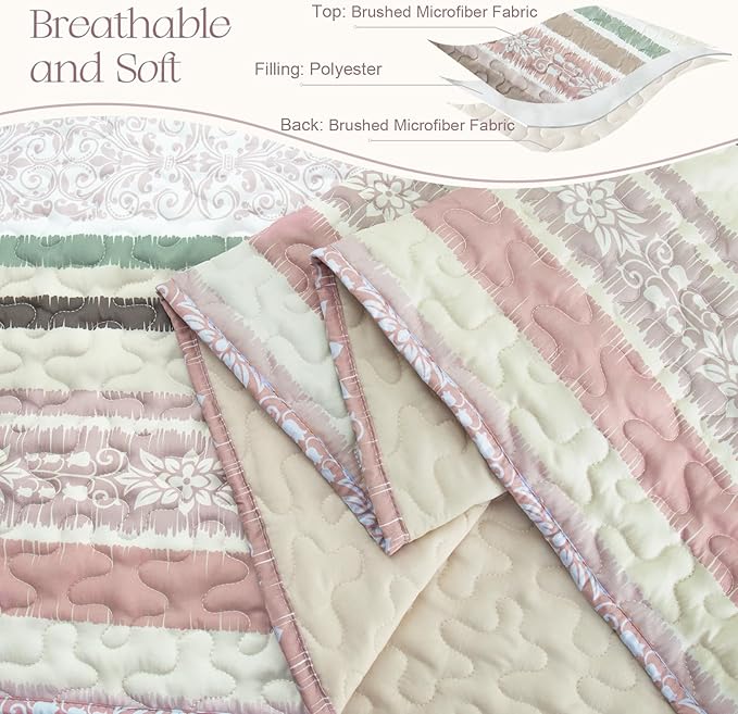 Exclusivo Mezcla Reversible Boho Quilts Queen Size, Pink Bedspreads Lightweight Coverlet All Season Bohemian Quilt Bedding Set with Printed Striped Floral Pattern (1 Quilt, 2 Pillow Shams)