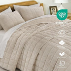 KASENTEX Greek Velvet Queen Quilt Set, 3× Softer Luxe Sheen, 100% Cotton Backing, 150GSM Down-Alternative Fill, Expanded 98×98" Coverage for Fuller Side Drape (1 Quilt + 2 Pillow Shams), Sandshell