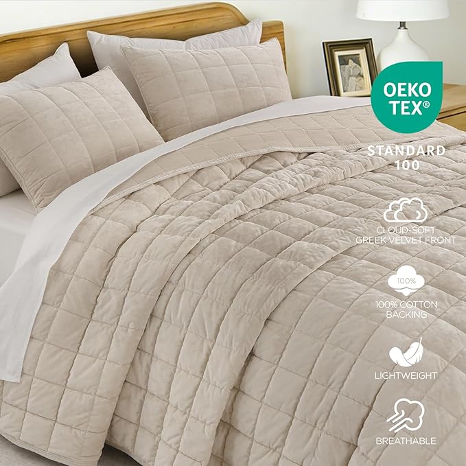 Oversized King Greek Velvet Quilt Set, 3× Softer Luxe Sheen, 100% Cotton Backing, 150GSM Down-Alternative Fill, Extra-Wide 112×106" Hotel-Style Luxury Coverage (1 Quilt + 2 Pillow Shams), Sandshell