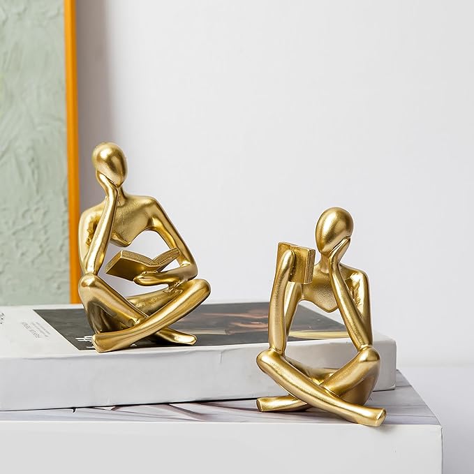 Reading Thinker Statue, Sculptures Abstract Art Ornament, Modern Aesthetic Figurine Decoration Set of 2 Status for Home Living Room Bedroom Office Shelf Table Desk Bookshelf Decor (Gold)