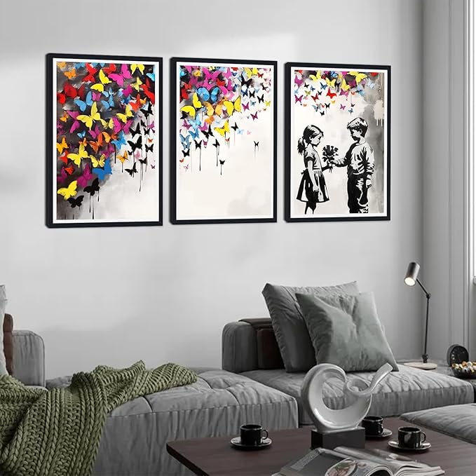 Novatique Graffiti Street Wall Art Banksy Art Wall Decor Street Paintings Artwork Butterfly Colorful Poster Graffiti Art Framed for Living Room Bedroom,16" x 24" x 3Pcs