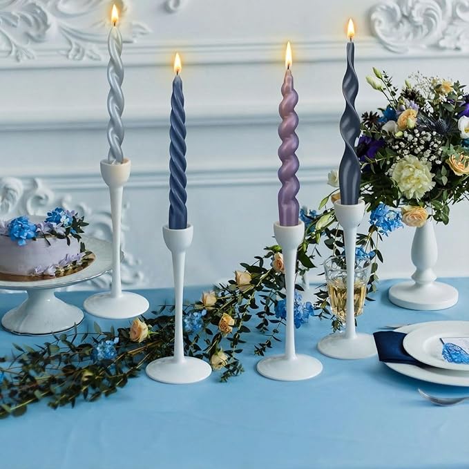 Nuanchu 4 Pcs 7.87 Inch Twisted Taper Candles Wax Unscented Smokeless Spiral Swirl Candlesticks for Wedding Holiday Dinner Party Home Decorations(Blue,Pure)