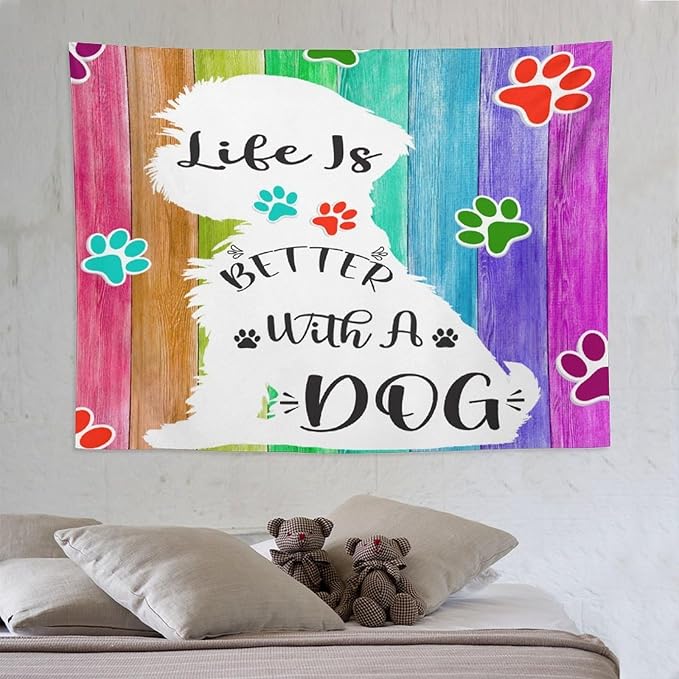 VUMIVI Cute Dog Tapestry Rainbow Color Planks Rustic Farmhouse Home Decor Pet Paws Tapestry Wall Hanging for Living Room Bedroom Dorm Classroom Aesthetic Decor W80xL60in