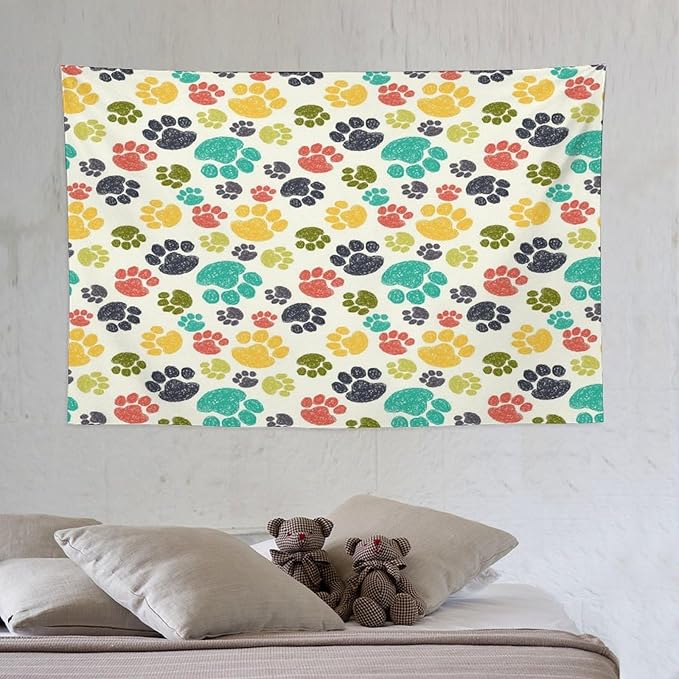 VUMIVI Dog Paw Tapestry Hand Painted Colorful Animal Footprints Doodle Kids Painting Tapestry Wall Hanging for Living Room Bedroom Dorm Classroom Aesthetic Decor W60xL40in