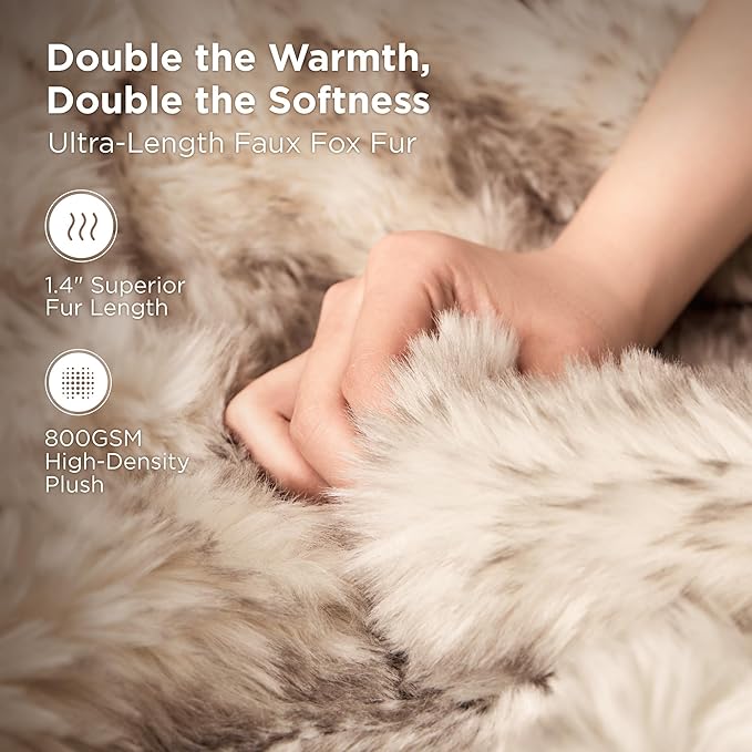 Sophia & William Fox Faux Fur Bed Blanket Throw for Couch(60x80 Inches), Luxury Fluffy Fuzzy Warm Soft Reversible Blankets, Plush Throw, 800GSM, Arctic Fox & Plaid