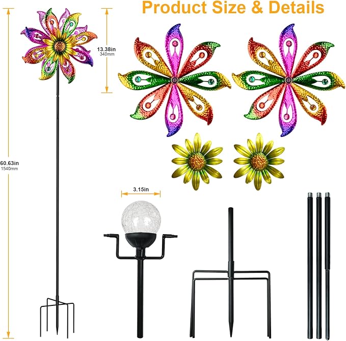 360°Solar Wind Spinner with Lights Sunflower Garden Outdoor Decor Yard Lawn Art Decor for Patio Kinetic Windmills Unique Gifts for Friends and Family 60.63'' H x 13.38'' Dia