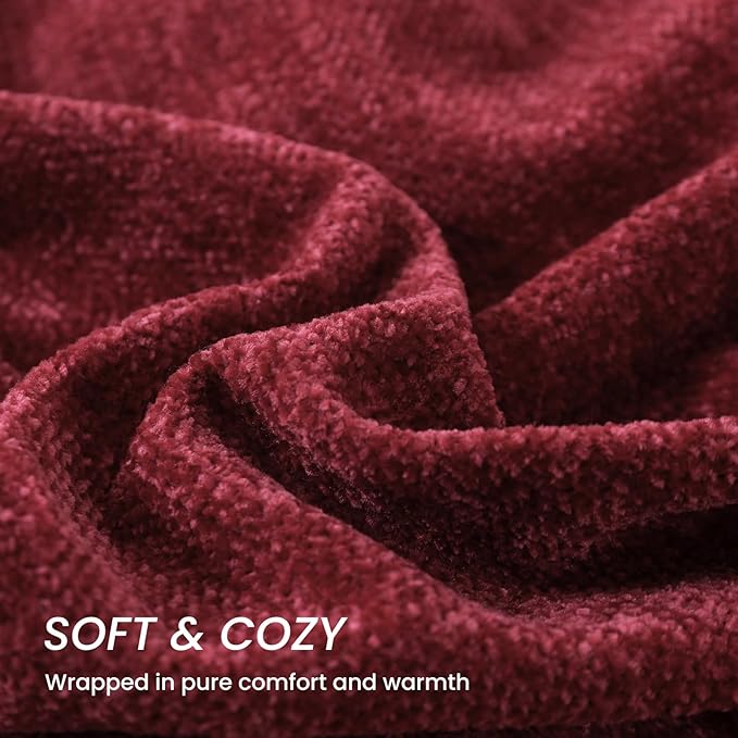 Burgundy Red Chenille Throw Blanket for Couch Bed，Soft Cozy Throw Blanket with Handmade Fringe, Decorative Blanket for Sofa Chair Living Room for Gift, (Burgundy Red)