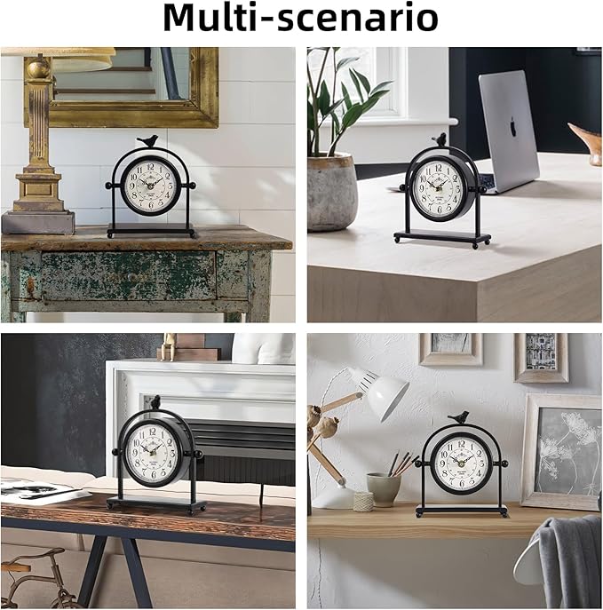 MODE HOME Vintage Farmhouse Table Clock with Bird Topper, Silent Non-Ticking Mantel Clock with Closable Back Cover, Black Iron Decorative Desk Clock for Living Room, Fireplace Mantel & Bedroom, 8 Inch