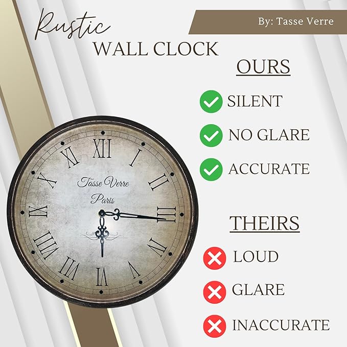 Tasse Verre 12 Inch Vintage Wall Clock - Farmhouse Decor Distressed White Washed Mechanical Quiet Silent - Retro Vintage Hanging Brown Non-Ticking Round