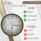 Tasse Verre 12 Inch Vintage Wall Clock - Farmhouse Decor Distressed White Washed Mechanical Quiet Silent - Retro Vintage Hanging Brown Non-Ticking Round