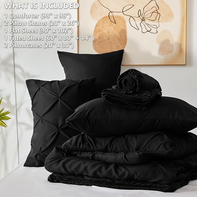 CozyLux Oversized Queen Comforter Sets Black, 7 Pieces Oversized Queen Pintuck Bed in A Bag, Pinch Pleat Bedding Sets with All Season Comforter, Flat Sheet, Fitted Sheet, Pillowcases & Shams