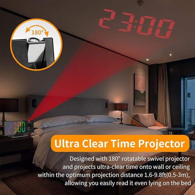 Projection Alarm Clock for Bedroom, Digital Smart Clock with 180° Rotatable Projector, 3 Level Brightness Dimmer, Clear LED Color Display, Digital Alarm Clock for Bedroom