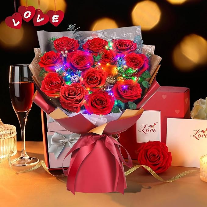 ADDWel Valentine's Gifts for Her, Preserved Red Rose Bouquet – Real Long-Lasting Flowers Gift for Wife, Girlfriend, Mom – Romantic Vday, Anniversary, Birthday, Graduation Gifts for Women