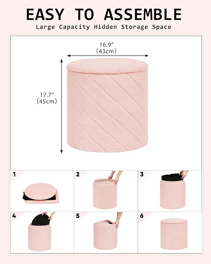 Round Boucle Storage Ottoman with Reversible Wood Tray, 17.7" Sherpa Cylinder Footrest Stool with Storage, Upholstered Folding Ottoman Coffee Table for Living Room Bedroom Dorm, Pink