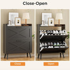 32" W Farmhouse Shoe Storage Cabinet with 2 Flip Drawers and Barn Door Design, Adjustable Shelves, Modern Hidden Slim Narrow Shoe Rack Cabinet for Entryway, Foyer, Hallway, Living Room, Black