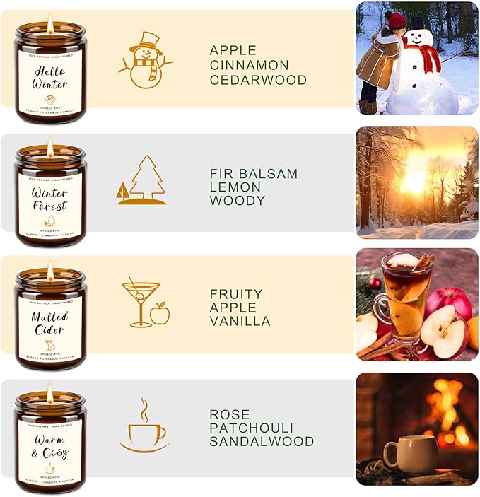 4 Pack Winter Candles - 28oz Soy Candle Set, Winter Scented Candles with Apple Cinnamon, Fir Balsam, Mulled Cider, Sandalwood – Holiday Candle Gifts for Women,New Years Home Decor & Valentines Day