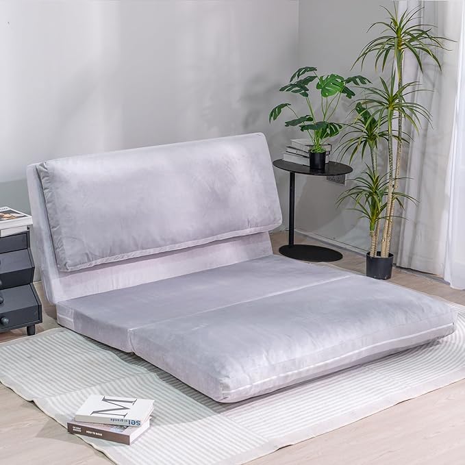 Bean Bag Chairs for Adults,Folding Sofa Bed,Floor Couch Bed, Foam Filling Fold Floor Mattress with Washable Soft Faux Fur Cover, Leisure Floor Couch for Bedroom Living Room(Grey, Double)