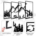 Bdor Four-in-One Metal Wall Art - 22.05" x 12.20" Each Panel - Mountain Deer Silhouette Wall Decor - Modern Rustic Forest Landscape for Home & Office