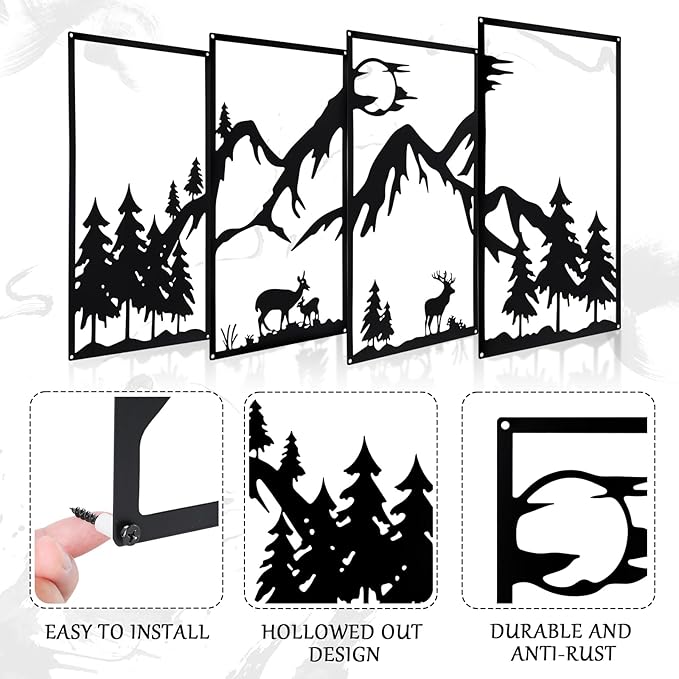 Bdor Four-in-One Metal Wall Art - 22.05" x 12.20" Each Panel - Mountain Deer Silhouette Wall Decor - Modern Rustic Forest Landscape for Home & Office