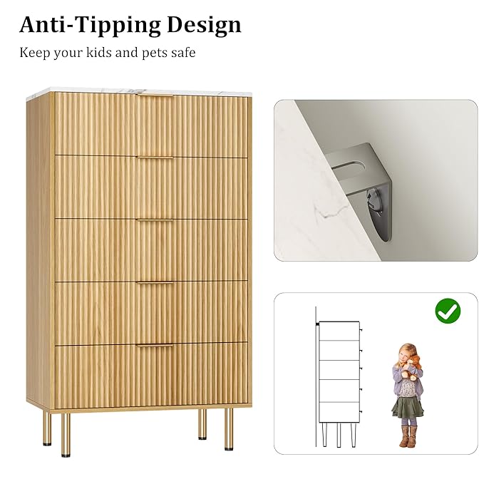 GarveeHome 5 Drawers Dresser for Bedroom, Fluted Dresser Chest of Drawers with Handle, Wood Modern Dressers for Closet, Bedroom Furniture Storage Organizer for Living Room, Hallway
