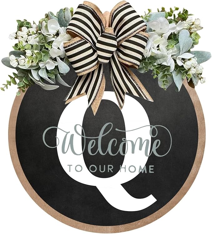 Circular Surname Front Door Welcome Sign - 26 Letter House Wreath, Front Porch Decorations, Year-Round Home Decor (Q)