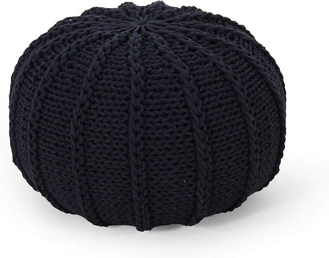 Christopher Knight Home Corisande Modern Knitted Cotton Round Pouf, Dark Blue