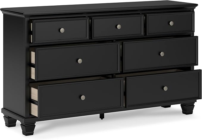 Signature Design by Ashley Lanolee Traditional Dresser with Framed Drawer Fronts and Tapered Feet, 7 Drawers, Satin Nickel Knobs, Wood, 36" High, Black