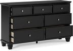 Signature Design by Ashley Lanolee Traditional Dresser with Framed Drawer Fronts and Tapered Feet, 7 Drawers, Satin Nickel Knobs, Wood, 36" High, Black