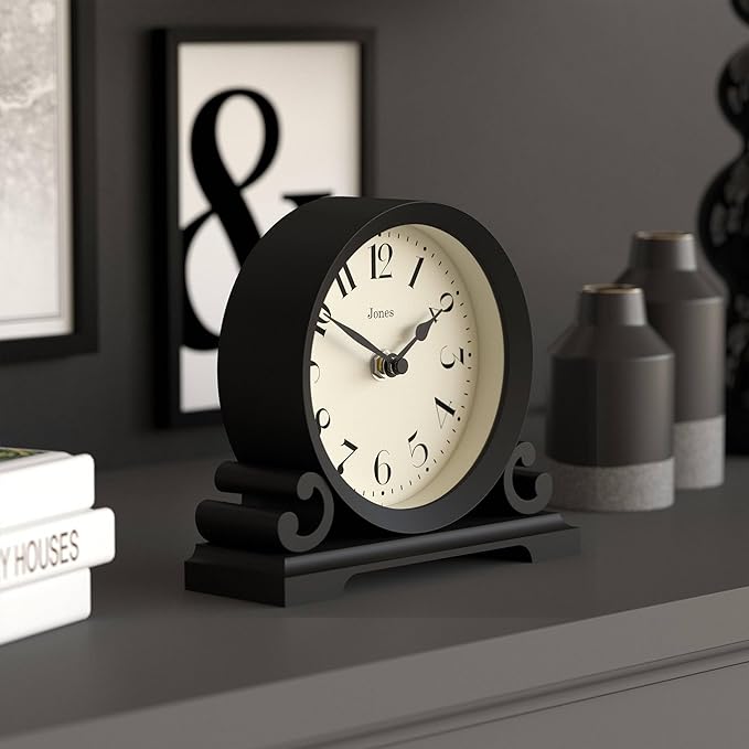 JONES CLOCKS® Saloon Mantel Clock | Traditional Double Scroll Design | Black | Contemporary Classic Style for Desk, Table, Shelf or Bedside