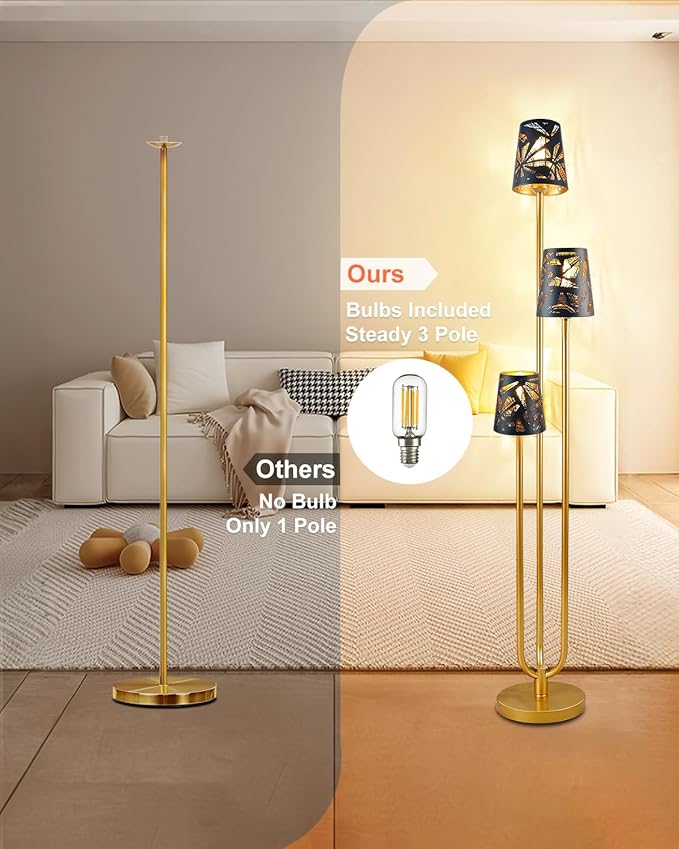 3-Light Gold Floor Lamp for Living Room, Unique Candle Holder Style Tall Standing Lamps for Bedroom, 3000K Warmwhite Mid Century Modern Floor Lamp for Home Office(Bulbs Included)